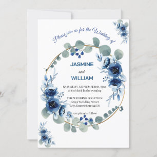 Invitation Mariage floral d'ivoire élégant bleu marine et arg