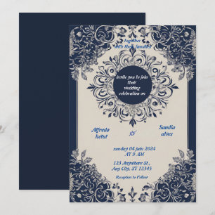 Invitation Mariage floral d'ivoire élégant bleu marine et arg