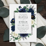 Invitation Mariage floral d'ivoire élégant bleu marine et arg<br><div class="desc">Le design se compose d'une élégante couronne de fleurs aquarelle décorée de pivoines, de roses, d'eucalyptus et plus encore dans les tons bleu marine, vert et ivoire. Design dispose également d'une boîte imprimée gris argent sous la couronne avec une police moderne - disposition texte. Un agencement floral assorti est ajouté...</div>