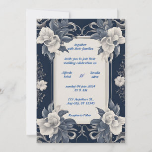 Invitation Mariage floral d'ivoire élégant bleu marine et arg