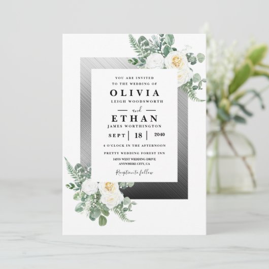 Invitation Mariage floral d'ivoire élégant bleu marine et arg (Debout devant)