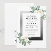 Invitation Mariage floral d'ivoire élégant bleu marine et arg (Devant / Derrière)