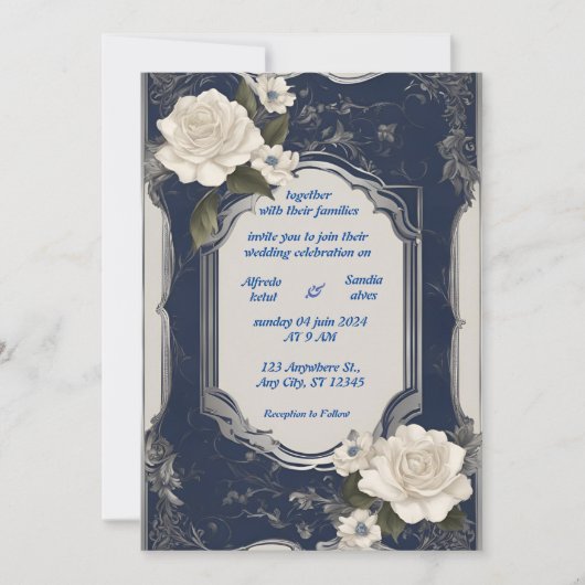 Invitation Mariage floral d'ivoire élégant bleu marine et arg (Devant)