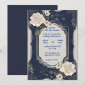 Invitation Mariage floral d'ivoire élégant bleu marine et arg (Devant / Derrière)