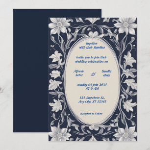 Invitation Mariage floral d'ivoire élégant bleu marine et arg