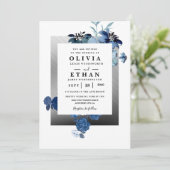 Invitation Mariage floral d'ivoire élégant bleu marine et arg (Debout devant)