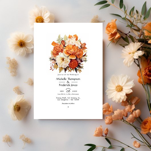 Invitation Mariage floral d'orange et de crème brûlée