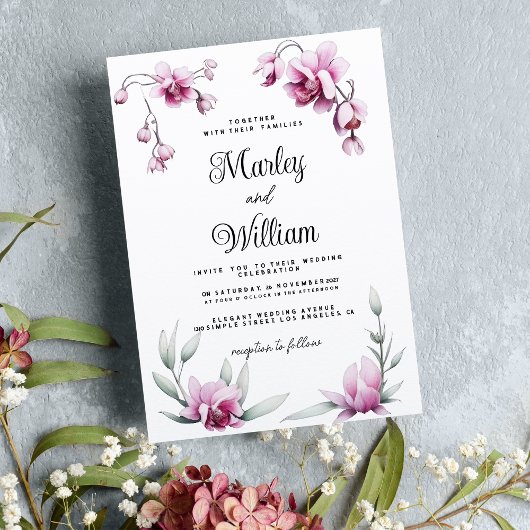 Invitation Mariage floral d'orchidée rose bordeaux