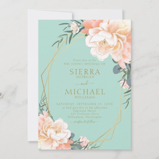 Invitation Mariage floral doré à la crème verte à la menthe (Devant)