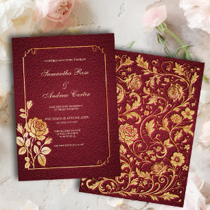 Invitation Mariage floral doré à relief Merlot foncé