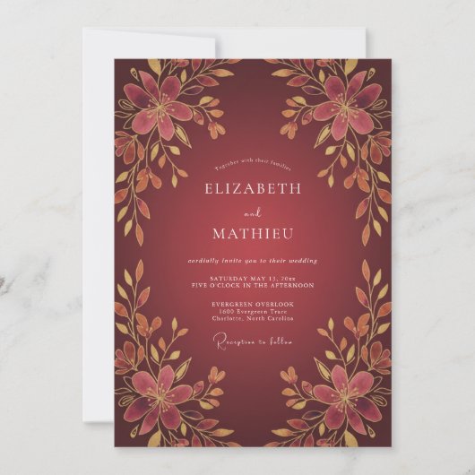 Invitation Mariage Floral Doré Bordeaux (Devant)
