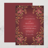 Invitation Mariage Floral Doré Bordeaux (Devant / Derrière)