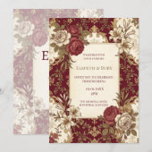 Invitation Mariage Floral Doré Bourgogne (Devant / Derrière)