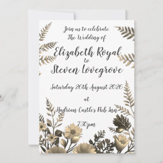 Invitation Mariage Floral Doré Clair et Simple Blanc (Devant)