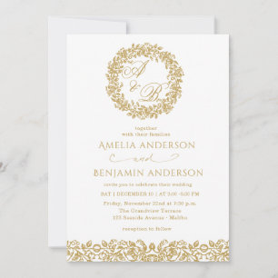 Invitation Mariage Floral Doré Élégant Vintage Français
