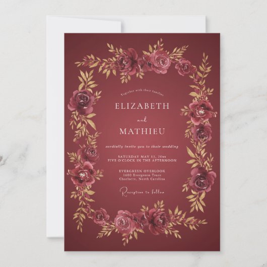 Invitation Mariage Floral Doré Marron Profond (Devant)