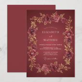 Invitation Mariage Floral Doré Marron Profond (Devant / Derrière)