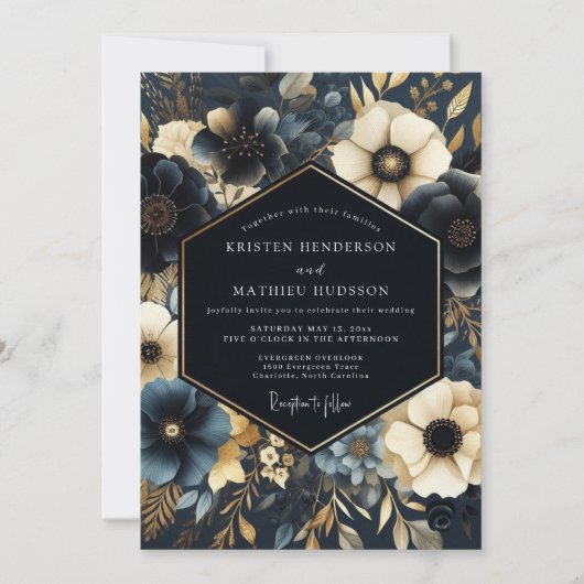 Invitation Mariage Floral Doré Navy (Devant)