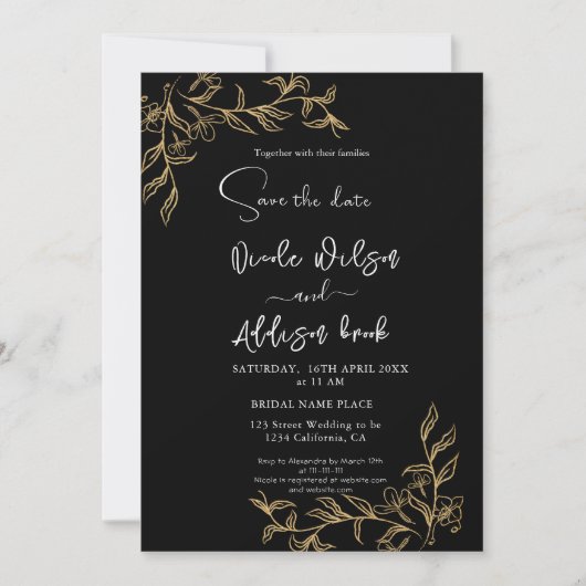 Invitation Mariage floral doré noir (Devant)