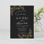 Invitation Mariage floral doré noir (Debout devant)