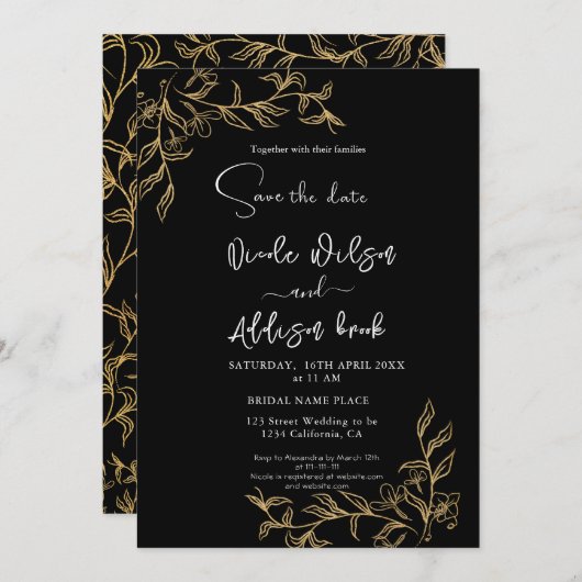 Invitation Mariage floral doré noir (Devant / Derrière)