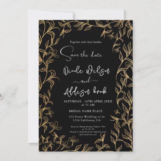 Invitation Mariage floral doré noir (Devant)