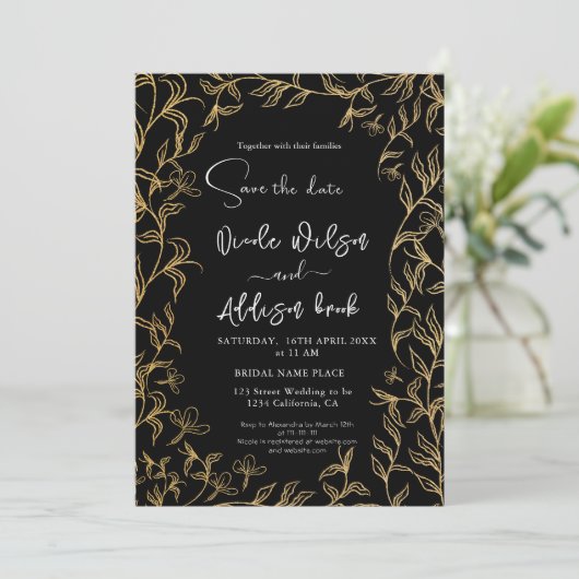 Invitation Mariage floral doré noir (Debout devant)