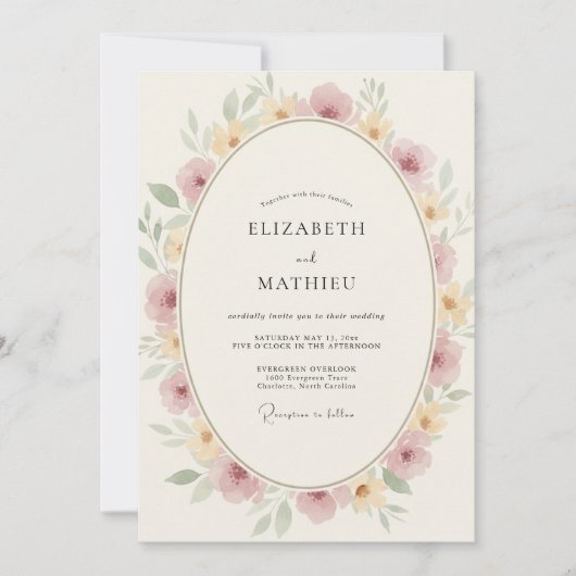 Invitation Mariage Floral Doré Pâle Rose (Devant)
