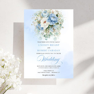 Invitation Mariage Floral Doré Pivoine Bleu Poussiéreux de Rê