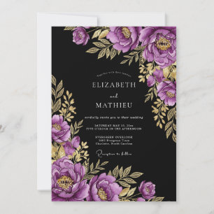 Invitation Mariage Floral Doré Pourpre Romance