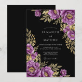 Invitation Mariage Floral Doré Pourpre Romance (Devant / Derrière)