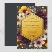 Invitation Mariage Floral Doré Prune (Devant / Derrière)