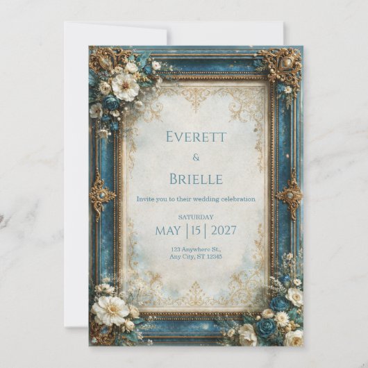 Invitation Mariage Floral Doré Sarcelle (Devant)