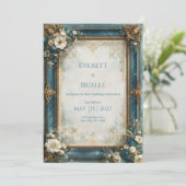Invitation Mariage Floral Doré Sarcelle (Debout devant)