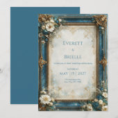 Invitation Mariage Floral Doré Sarcelle (Devant / Derrière)