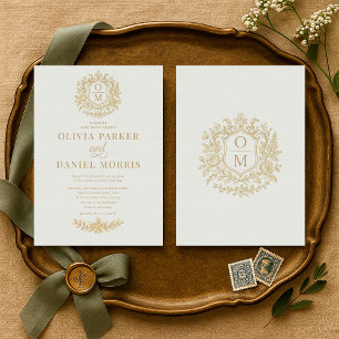 Invitation Mariage Floral Doré Vintage Vert Sauge Français