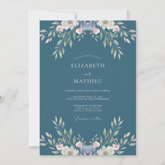 Invitation Mariage Floral Douce Bleu Ardoise (Devant)