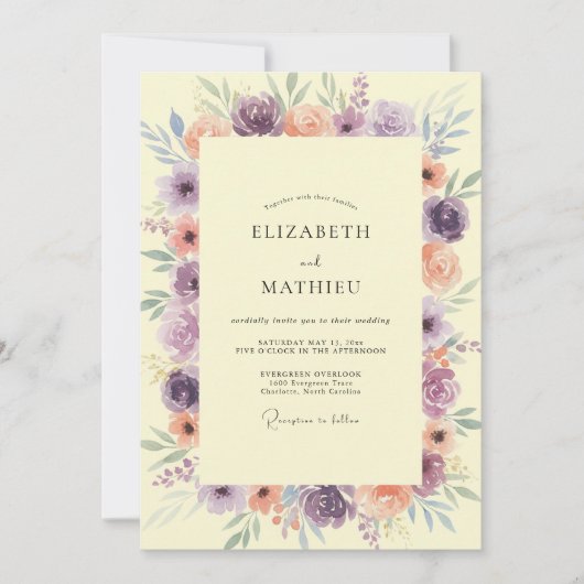 Invitation Mariage Floral Douce Lavande Pêche (Devant)
