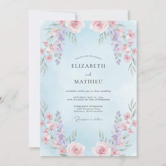 Invitation Mariage Floral Douce Pervenche (Devant)
