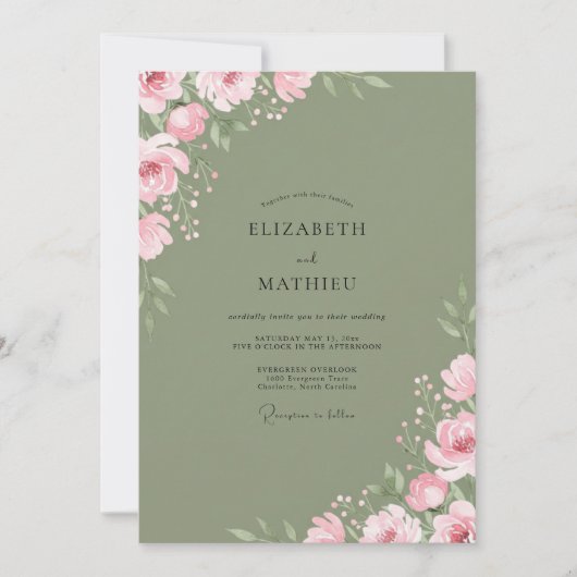Invitation Mariage Floral Douce Rose Mousse (Devant)