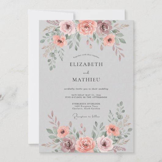 Invitation Mariage Floral Douce Rose Pâle (Devant)