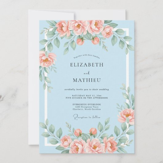 Invitation Mariage Floral Douceur Bleu Corail (Devant)