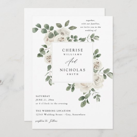 Invitation Mariage floral doux blanc (Devant / Derrière)