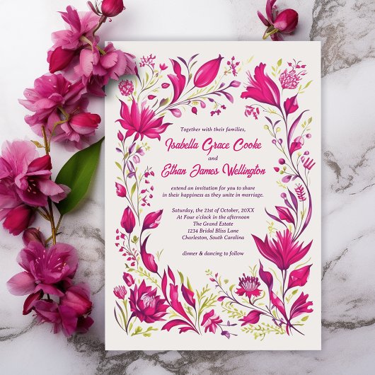 Invitation Mariage floral du jardin magenta de printemps