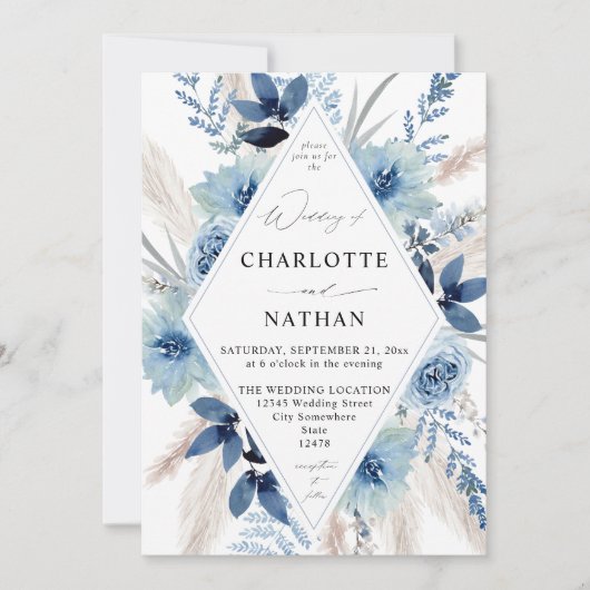 Invitation Mariage floral Dusty Blue Boho (Devant)