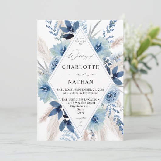 Invitation Mariage floral Dusty Blue Boho (Debout devant)