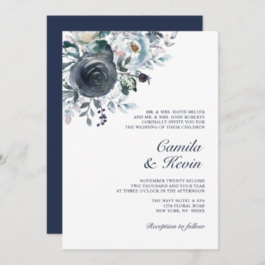 Invitation Mariage floral Dusty Blue Navy (Devant / Derrière)