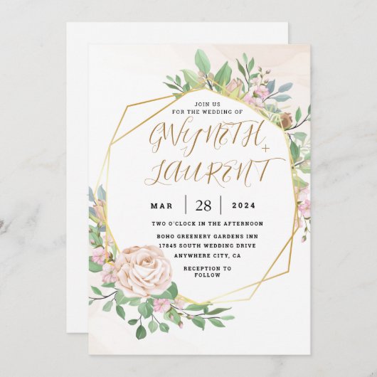 Invitation Mariage floral Dusty Rose Pink Gold Greenery (Devant / Derrière)