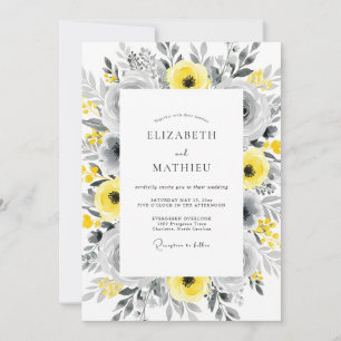 Invitation Mariage Floral Éblouissant au Charbon de Bois Jaun