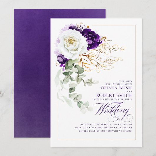 Invitation Mariage floral Eggplant Purple Royal Chic Boho (Devant / Derrière)